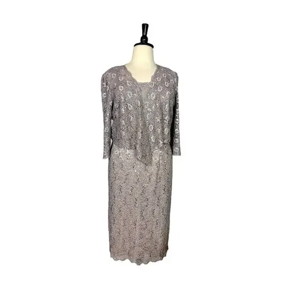 Alex Evenings | Dresses | Alex Evenings Sequin Lace Midi Jacket Sheath  Stretch Dress Taupe Womens Size 6